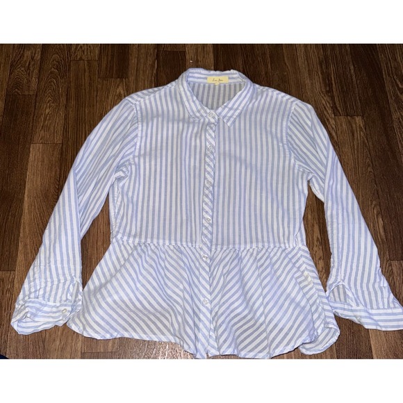 Love Notes Blue‎ Striped Peplum Top Long Sleeve Button Down Blouse Large - Picture 1 of 8